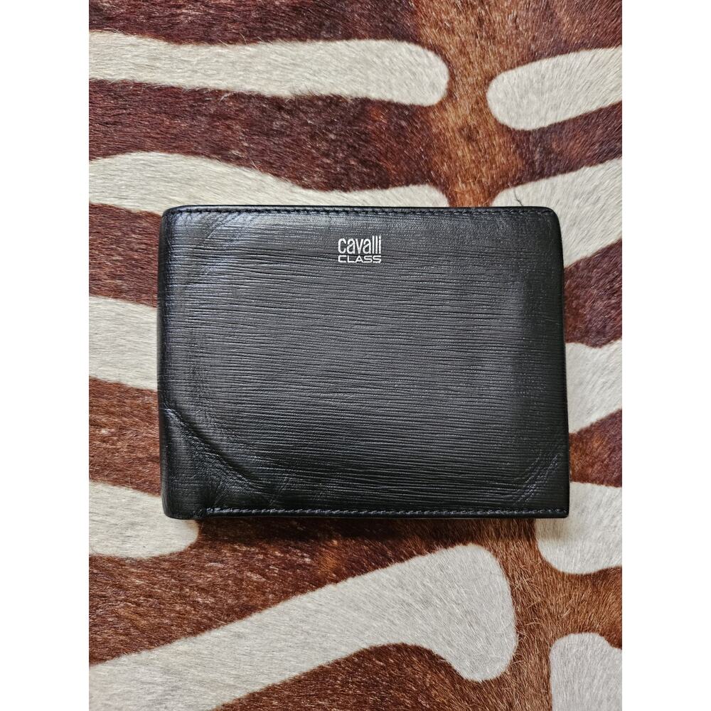 Cavalli Class Men's Black Logo Print Textured Leather Bifold Wallet